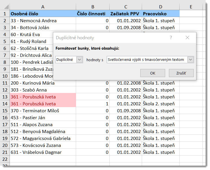 Označené duplicitné záznamy v Exceli